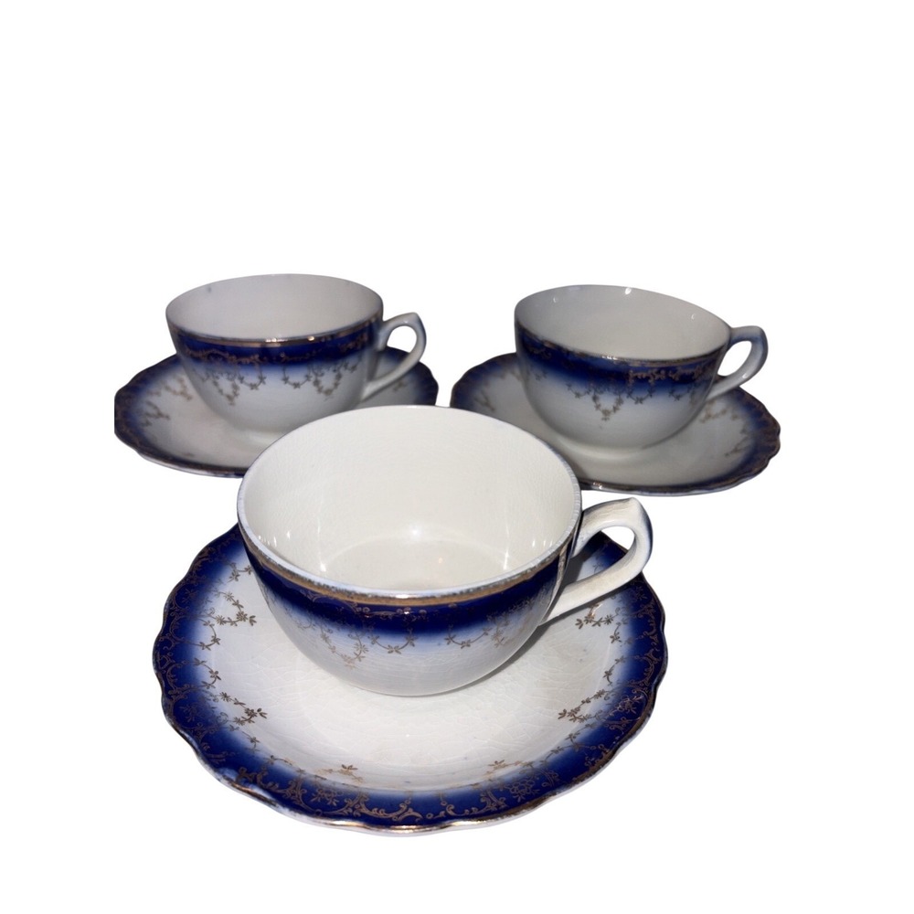 Flow Blue Tea Cup and Saucer Set Gold Gilding Floral Swag Scalloped 5pc Vintage